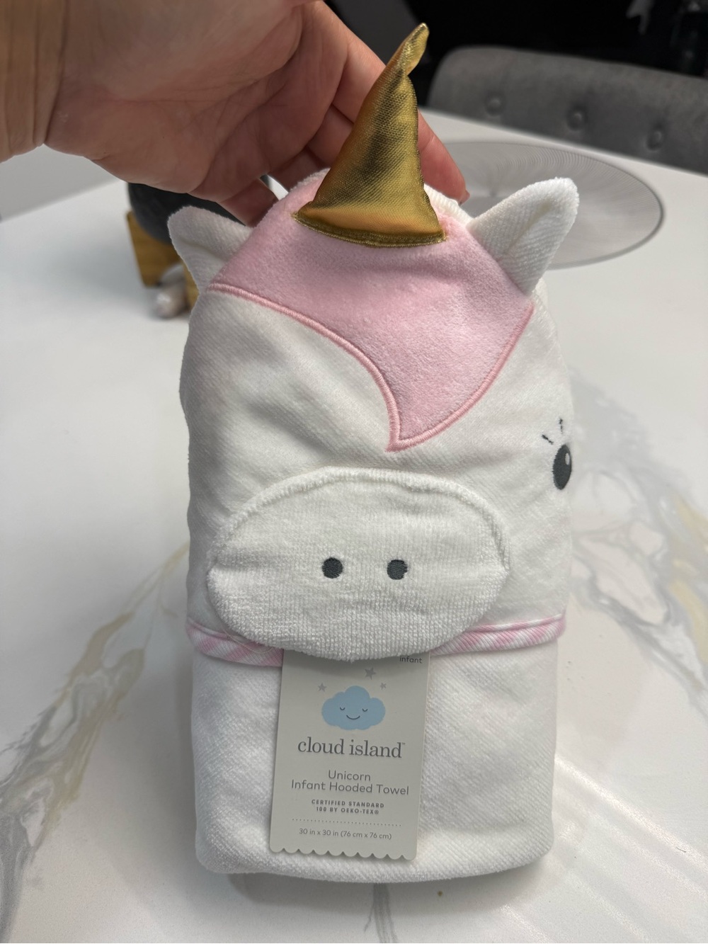 Unicorn hooded towel for Infant or small child with Pink Trim & Gold Accent New